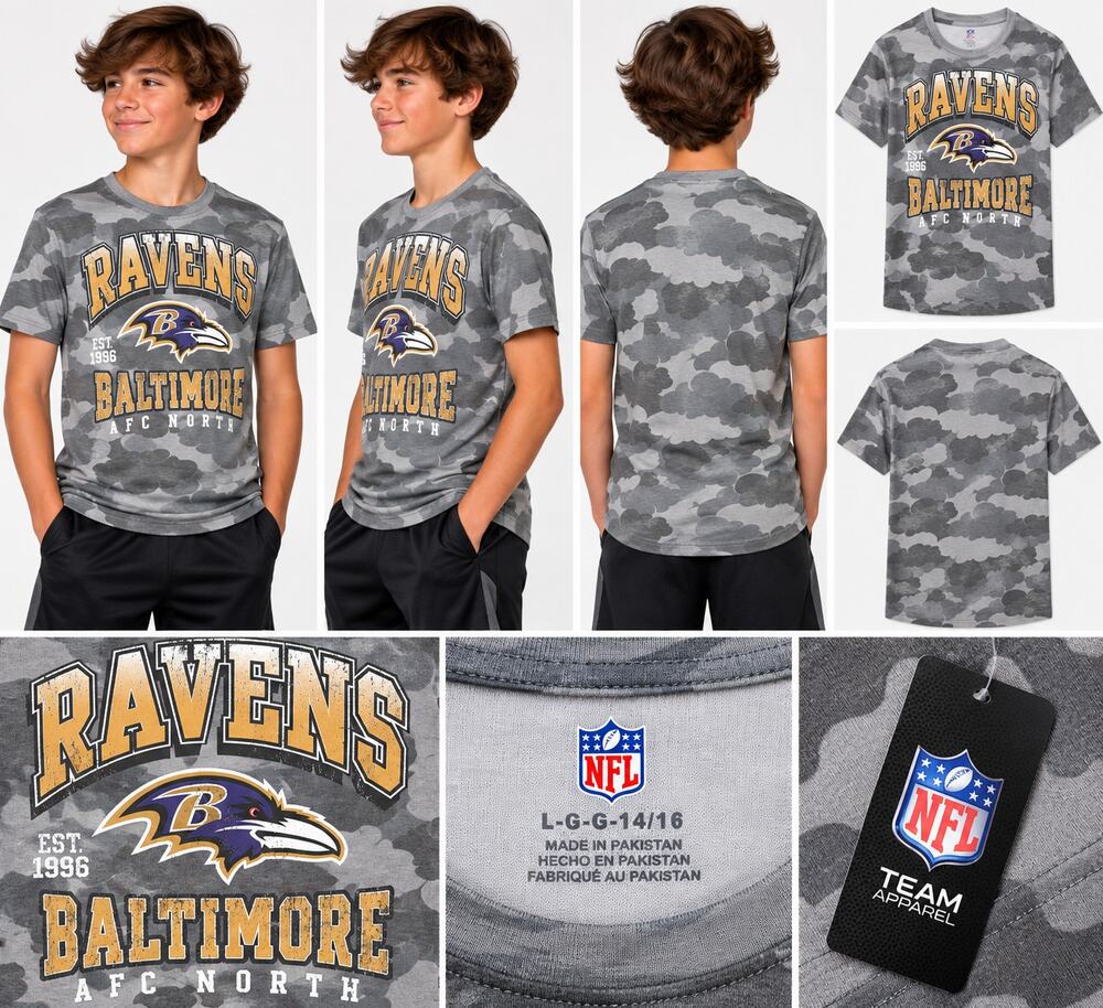 NFL Team Apparel Baltimore Ravens Youth L 14/16 Gray Camo Graphic T-Shirt NWT